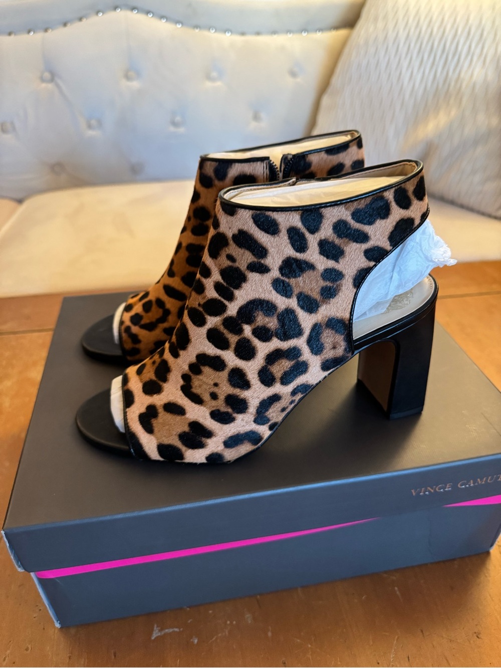 Vince Camuto Leopard Print Open-Toe Block Heel Booties - Brown/Black